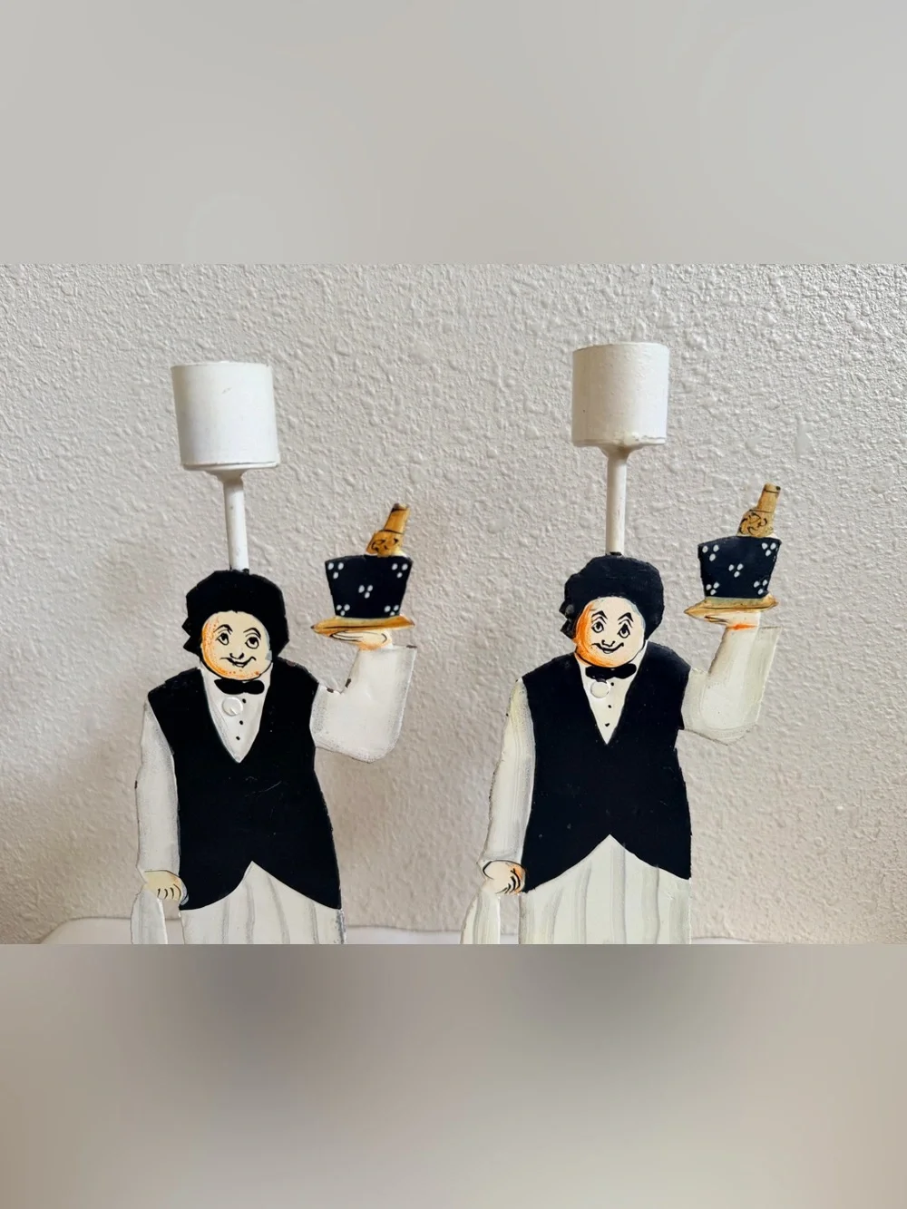 Vintage Pair Hand Painted Metal Waiter Figural Candle Holders French Butler MCM